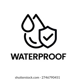 Waterproof icon set. Water resistant symbol. Water protection, liquid proof protection. Shield with water drop. Anti wetting material, surface protection. Waterproof logo, label, badge, line, vector.