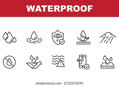 Waterproof icon set, water resistant symbols, liquid proof protection, hydrophobic surface, anti-wetting material, shield with water drop, rainproof fabric, outdoor safety vector illustration