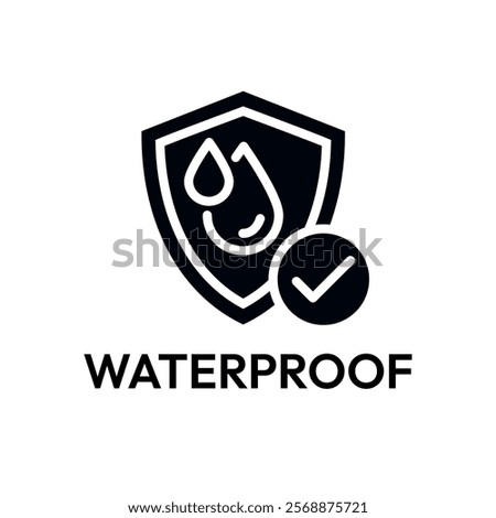 Waterproof icon set. Water resistant symbol. Water protection, liquid proof protection. Shield with water drop. Anti wetting material, surface protection. Waterproof logo, label, badge, line, vector.