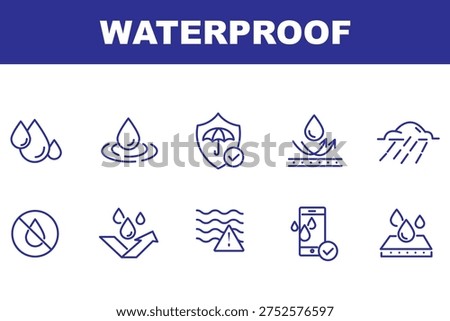 Waterproof icon set, water resistant symbols, liquid proof protection, hydrophobic surface, anti-wetting material, shield with water drop, rainproof fabric, outdoor safety vector illustration
