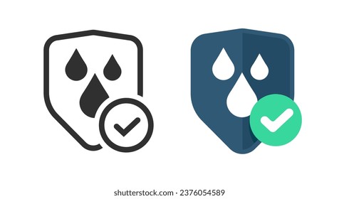 Waterproof icon shield vector, water proof protection symbol pictogram graphic line outline art logo, rain resistant defense glyph label silhouette, hydrophobic quality check mark guard image