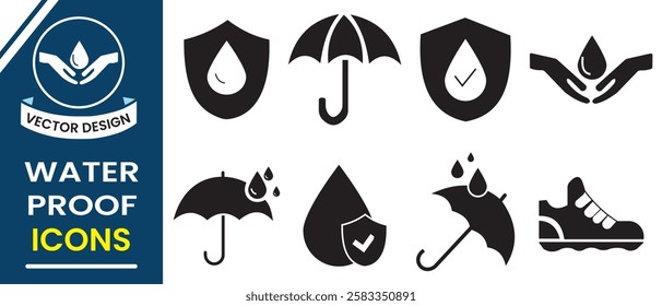 Waterproof icon, sign, symbol collection, Waterproof icons, vector set. Water resistant, protection symbol design set. Vector illustration.