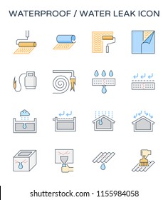 Waterproof icon and water leak icon. Roof deck and rooftop damaged result in rain water leak problem and repair by primer paint then coating with bituminous waterproof membrane. Vector icon design.