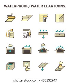 Waterproof icon and water leak icon. Roof deck and rooftop damaged result in rain water leak problem and repair by primer paint then coating with bituminous waterproof membrane. Vector icon design.