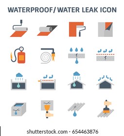 Waterproof icon and water leak icon. Roof deck and rooftop damaged result in rain water leak problem and repair by primer paint then coating with bituminous waterproof membrane. Vector icon design.