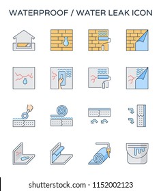 Waterproof icon and water leak icon. Wall of basement aged, damaged result in water leak problem and repair by primer paint and coating with bituminous waterproof membrane material. Vector icon design