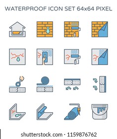 Waterproof icon and water leak icon. Wall of basement aged, damaged result in water leak problem and repair by primer paint and coating with bituminous waterproof membrane material. Vector icon design