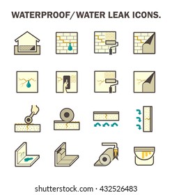 Waterproof icon and water leak icon. Wall of basement aged, damaged result in water leak problem and repair by primer paint and coating with bituminous waterproof membrane material. Vector icon design