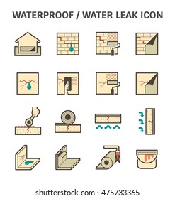 Waterproof icon and water leak icon. Wall of basement aged, damaged result in water leak problem and repair by primer paint and coating with bituminous waterproof membrane material. Vector icon design