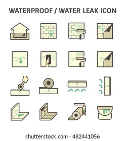 Waterproof icon and water leak icon. Wall of basement aged, damaged result in water leak problem and repair by primer paint and coating with bituminous waterproof membrane material. Vector icon design