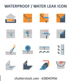 Waterproof icon and water leak icon. Wall of basement aged, damaged result in water leak problem and repair by primer paint and coating with bituminous waterproof membrane material. Vector icon design