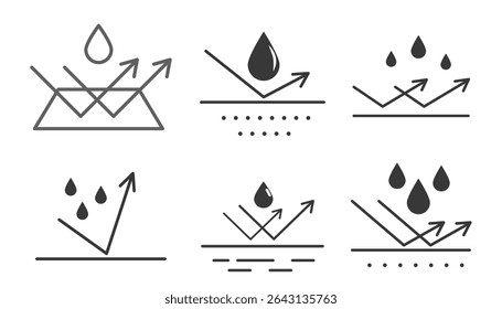 Waterproof icon water protection, surface protection from liquid. Line arrow and water drop. Weather protection symbol. Rainproof material. Simple resistant defence.