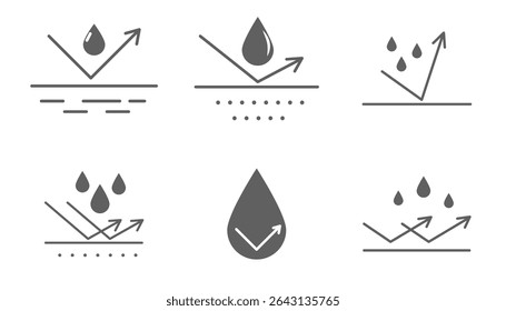 Waterproof icon water protection, surface protection from liquid. Line arrow and water drop. Weather protection symbol. Rainproof material. Simple resistant defence.