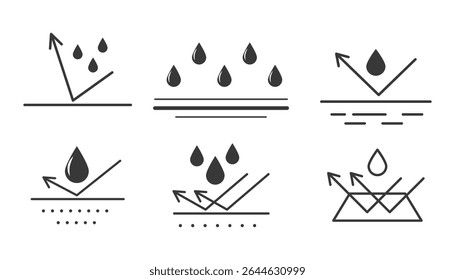 Waterproof icon water protection, surface protection from liquid. Line arrow and water drop. Weather protection symbol. Rainproof material. Simple resistant defence.