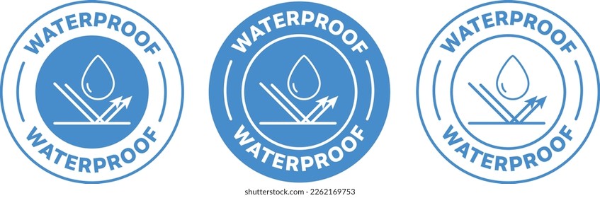Waterproof icon, water protection vector. isolated Water resistant blue and white sign Badge symbol logo. Water repellent surface icon. 