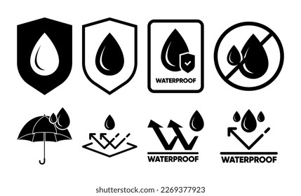 Waterproof icon. Water resistant icons for package. Water drop protection concept. Logo isolated on white background. Vector illustration.