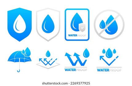 Waterproof icon. Water resistant icons for package. Water drop protection concept. Logo isolated on white background. Vector illustration.