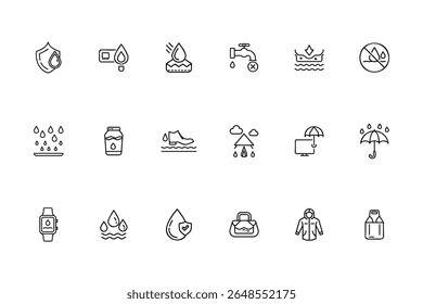 Waterproof icons depicting water drops shield tap umbrella shoe jacket other related objects