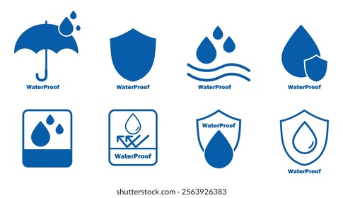 Waterproof icons isolated set. Waterproof fabrics and absorbent fabrics symbol. Water repellent surface icons. Water resistance signs. liquid proof protection. Shield with water drop. Anti, proof 
