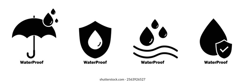 Waterproof icons isolated set. Waterproof fabrics and absorbent fabrics symbol. Water repellent surface icons. Water resistance signs. liquid proof protection. Shield with water drop. Anti, proof 