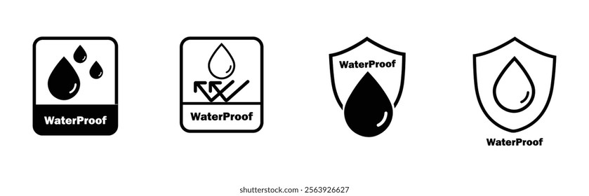 Waterproof icons isolated set. Waterproof fabrics and absorbent fabrics symbol. Water repellent surface icons. Water resistance signs. liquid proof protection. Shield with water drop. Anti, proof 