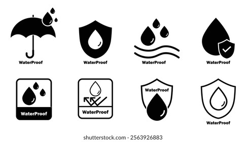 Waterproof icons isolated set. Waterproof fabrics and absorbent fabrics symbol. Water repellent surface icons. Water resistance signs. liquid proof protection. Shield with water drop. Anti, proof 