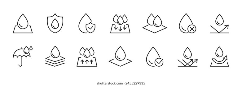 Waterproof icons set. Waterproof fabrics and absorbent fabrics. Vector.