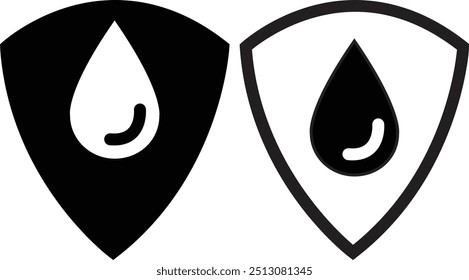 Iconos impermeables fijados Vector Ilustración impermeable del símbolo de las muestras resistentes al agua Protección del agua, icono impermeable de la etiqueta en glifo plano negro, estilo relleno aislado en fondo transparente