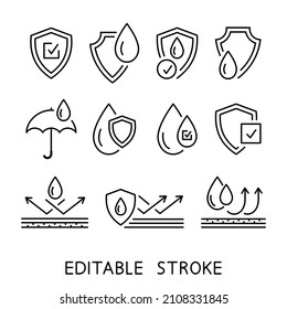 Waterproof icons such as shield, umbrella, liquid resistant layers. Corrosion resistant. Rain protection. Pollution protection. Protection from dripping liquid