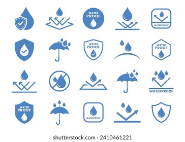 Waterproof icons vector set. Water resistant icons for package. Water drop protection concept.