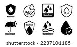 Waterproof icons. Water Proof. Collection of water resistant signs. Water protection, liquid proof protection. Shield with water drop. Anti wetting material, hydrophobic fabric, surface protection