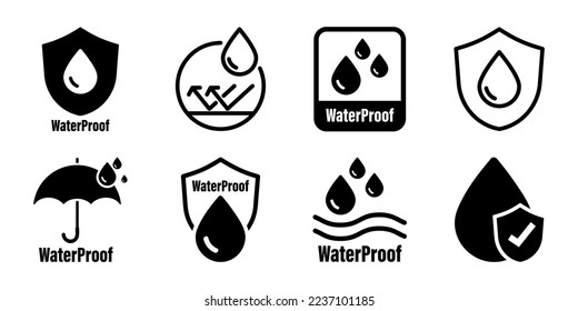 Waterproof icons. Water Proof. Collection of water resistant signs. Water protection, liquid proof protection. Shield with water drop. Anti wetting material, hydrophobic fabric, surface protection