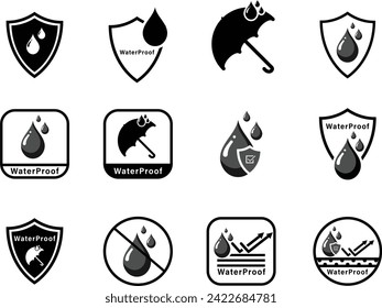 Waterproof icons. Water Proof. Collection of water resistant signs. Water protection, liquid proof protection. Shield with water drop. Anti wetting material, hydrophobic fabric, surface protection