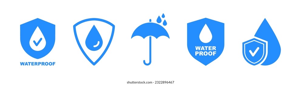 Waterproof icons. Water Proof sign collection. Water resistant symbol. Water protection icon with shield. Used for package. Vector illustration.