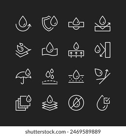 Waterproof icons, white on black background. Water-resistant materials, moisture barriers. Damp-proofing, hydrophobic properties. Customizable line thickness