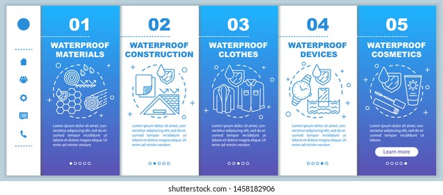 Waterproof, impermeable materials onboarding mobile web pages vector template. Responsive smartphone website interface idea with linear illustrations. Webpage walkthrough step screens. Color concept
