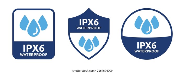 Waterproof ipx6 label set. Vector badge with drop of water in shield symbol illustration. Rainproof standard material protection.