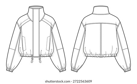 Impermeable Jogging Anorak Chaqueta Ilustración de moda técnica. Chaqueta de lluvia ligera con cuello de embudo, cremallera oculta debajo de la tapeta de gran tamaño, dobladillo con cordón. Vistas frontal y posterior. Conjunto de maquetas CAD.