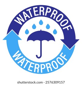 Waterproof label sign with the silhouette of umbrella and rain drops in a circle made of curved arrows with two shades of blue. White background.