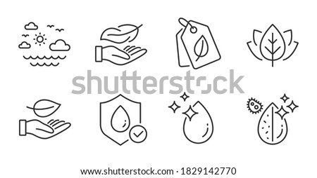Waterproof, Leaf and Dirty water line icons set. Organic tested, Water drop and Bio tags signs. Lightweight, Travel sea symbols. Plant care, Aqua drop, Bio ingredients. Nature set. Vector