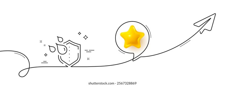 Waterproof line icon. Continuous line with share plane. Water resistant sign. Drop protection symbol. 3d star in speech bubble. Waterproof single line ribbon. Loop curve pattern. Vector