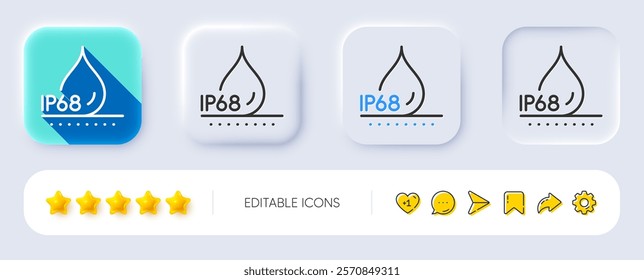 Waterproof line icon. Neumorphic, Flat shadow, 3d buttons. Water resistant ip68 sign. Drop protection symbol. Line waterproof icon. Social media icons. Vector