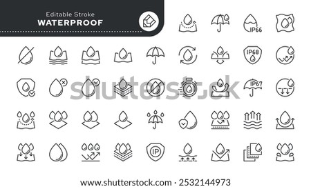 Waterproof line icon set. Water, drop, moisture, waterproof material, water protection, water resistance, IP and more. Outline vector icon in linear style. Conceptual pictogram collection.	

