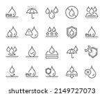 Waterproof line icons. Durable fabric surface, ip68 protection and moisture proof. Water repellent, ip67 defense and rain line icons. Flooding, waterproof fabric and water resistant. Vector