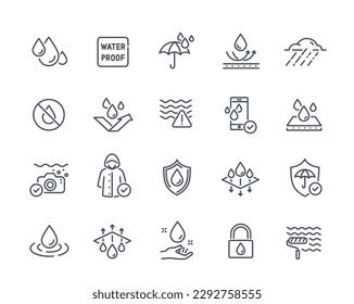 Waterproof line icons set. Water repellent surface to protect gadgets and locks. Raincoat and umbrella. Camera underwater and shield. Linear simple vector collection isolated on white background