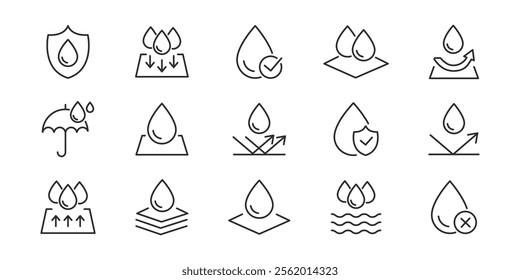 Waterproof line icons. Water resistant, drops, water protection, moisture vector icon.
