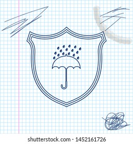 Waterproof line sketch icon isolated on white background. Shield and umbrella. Protection, safety, security concept. Water resistant symbol. Vector Illustration