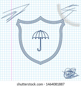 Waterproof line sketch icon isolated on white background. Shield and umbrella. Water protection sign. Water resistant symbol. Vector Illustration