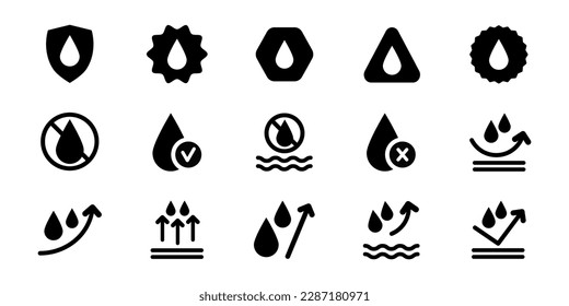 capas impermeables, resistentes a los líquidos, protección contra la lluvia, gotas de agua conjunto de iconos