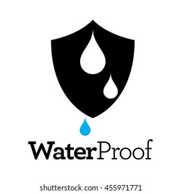 Waterproof Logo Vector Isolated on White Background. Sticker, Label, Icon or Badge with Shield and Rain or Water Drops